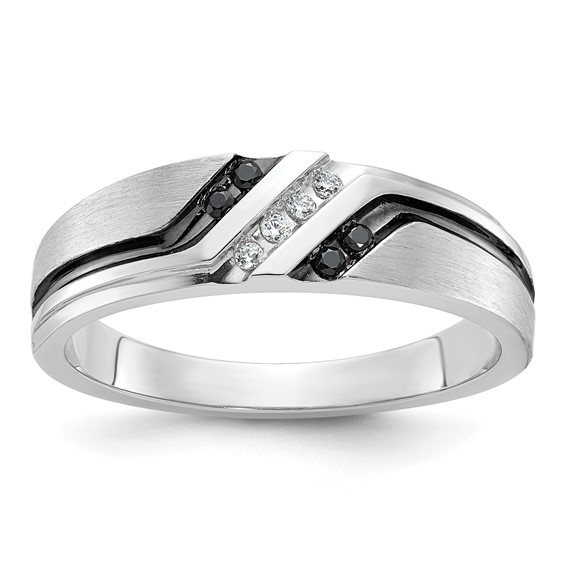 IBGoodman 14k White Gold with Black Rhodium Men's Polished Satin and Grooved 1/8 Carat AA Quality Black and White Diamond Ring