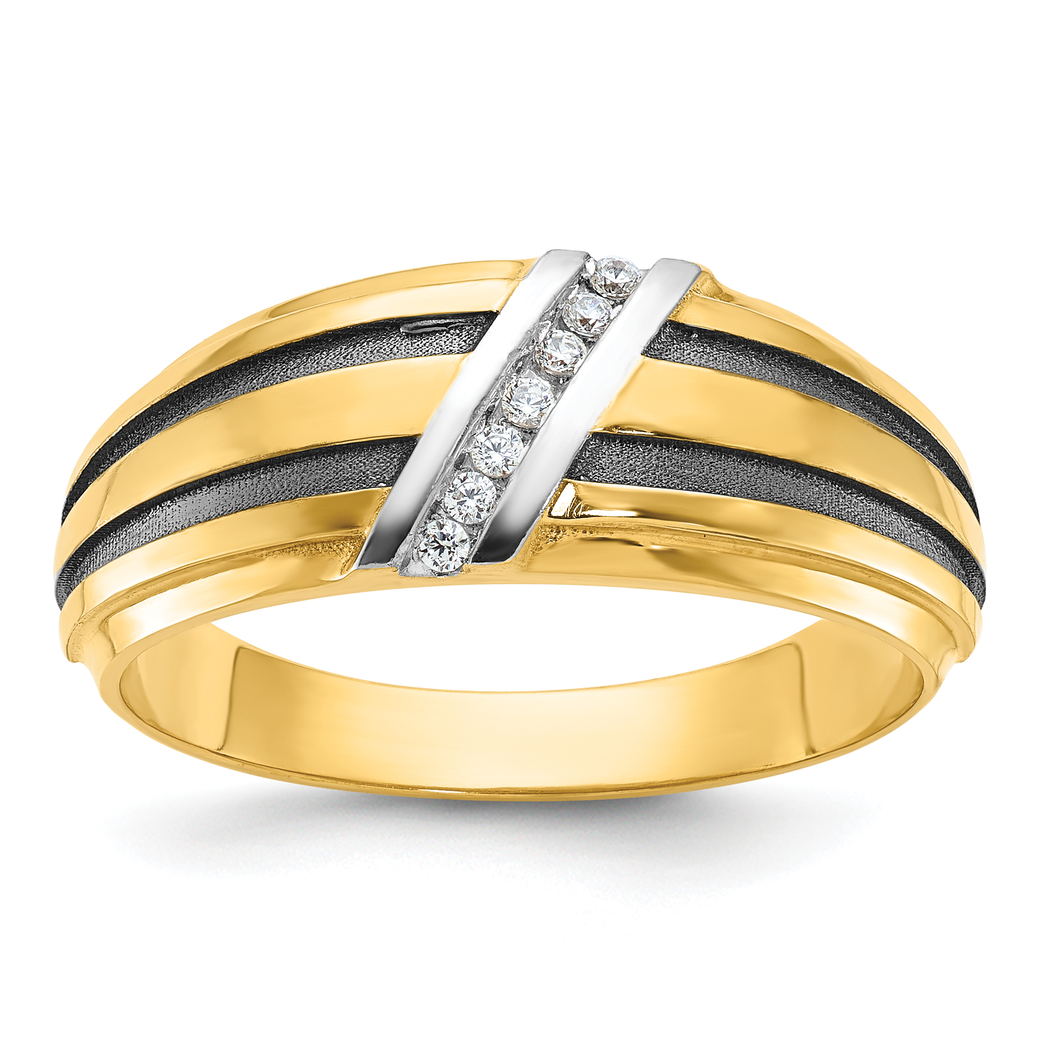 IBGoodman 14k with Black and White Rhodium Men's Polished Satin and Grooved 1/20 Carat AA Quality Diamond Ring (B64197-4YAA)