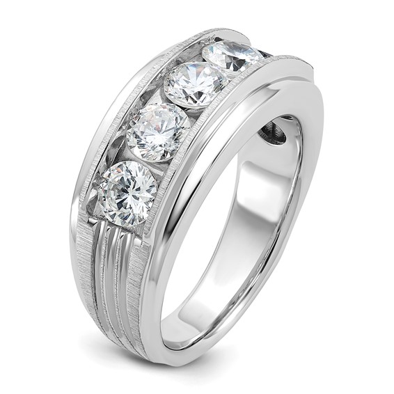 IBGoodman 14k White Gold 2 carat Lab Grown Diamond VS/SI+ G+ Five Stone Complete Polished Satin and Grooved Men's Ring