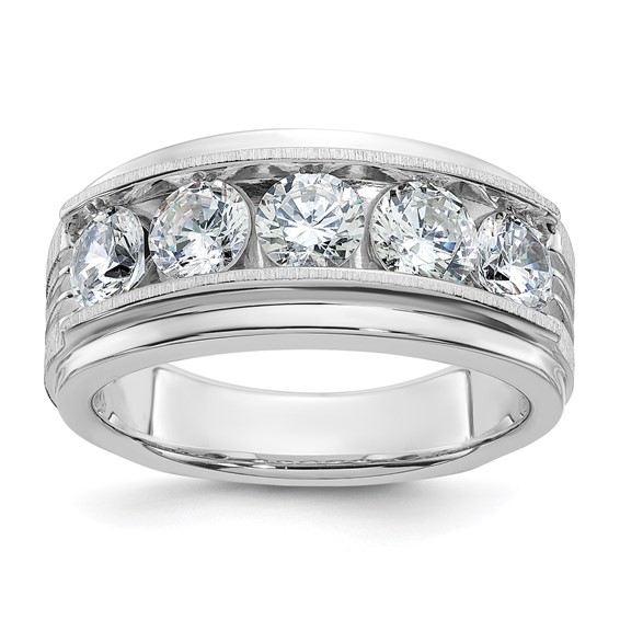 IBGoodman 14k White Gold 2 carat Lab Grown Diamond VS/SI+ G+ Five Stone Complete Polished Satin and Grooved Men's Ring