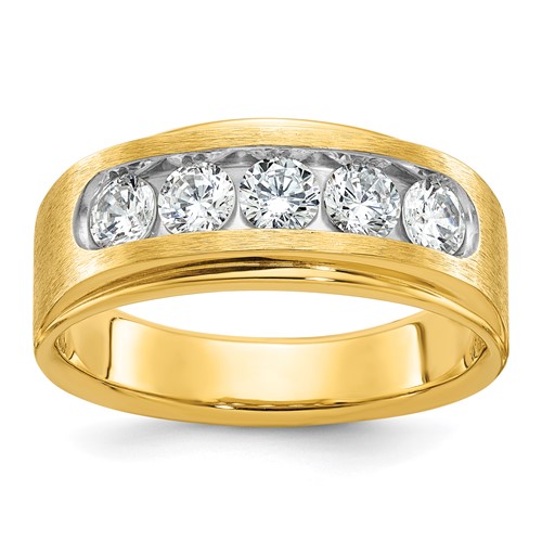IBGoodman 14K Yellow Gold Ring with White Rhodium 1 Carat Lab Grown Diamond VS SI+ G+ Five Stone Complete Polished and Brushed Men's
