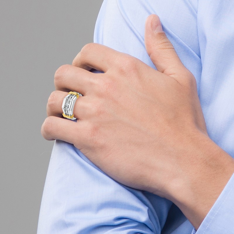 True Origin IBGoodman 14k Two-tone 1 carat Lab Grown Diamond VS+ F+ Five Stone Complete Polished and Grooved Men's Ring