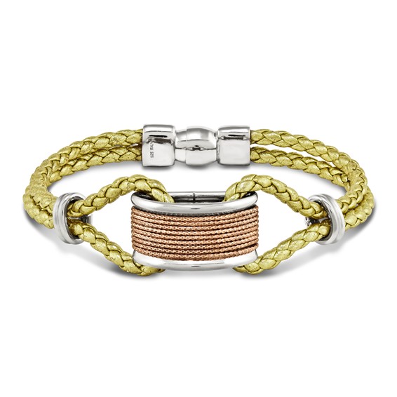 Sterling Silver rose wire with white border -yellow leather braid with magn