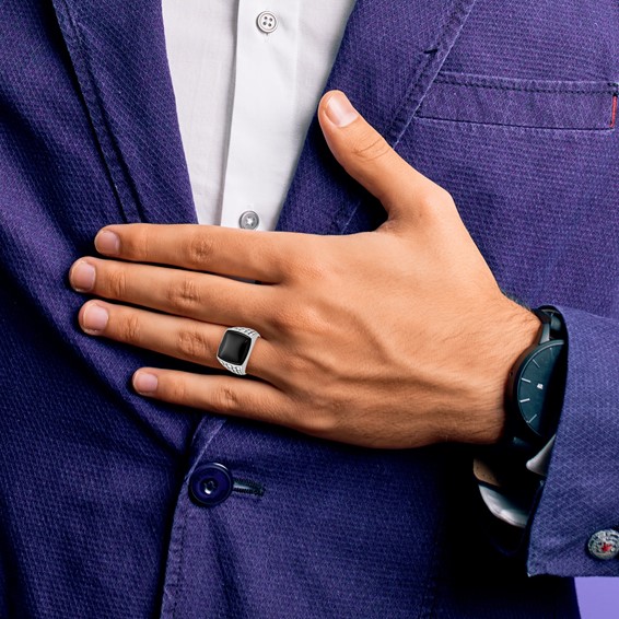 IB Goodman 14k White Gold Mens Antiqued Cushion Onyx Complete Ring