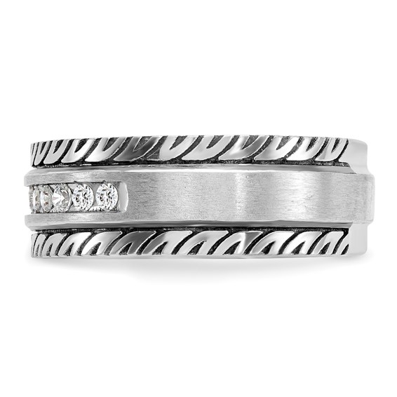 IBGoodman 14k White Gold with Black Rhodium Men's Polished Satin and Grooved 1/5 Carat AA Quality Diamond Ring