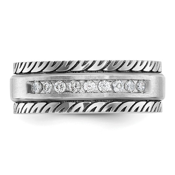 IBGoodman 14k White Gold with Black Rhodium Men's Polished Satin and Grooved 1/5 Carat AA Quality Diamond Ring
