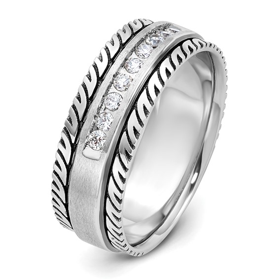 IBGoodman 14k White Gold with Black Rhodium Men's Polished Satin and Grooved 1/5 Carat AA Quality Diamond Ring