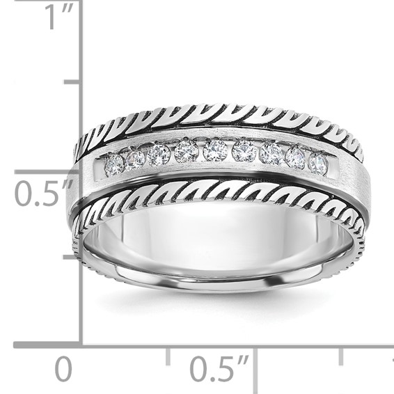 IBGoodman 14k White Gold with Black Rhodium Men's Polished Satin and Grooved 1/5 Carat AA Quality Diamond Ring
