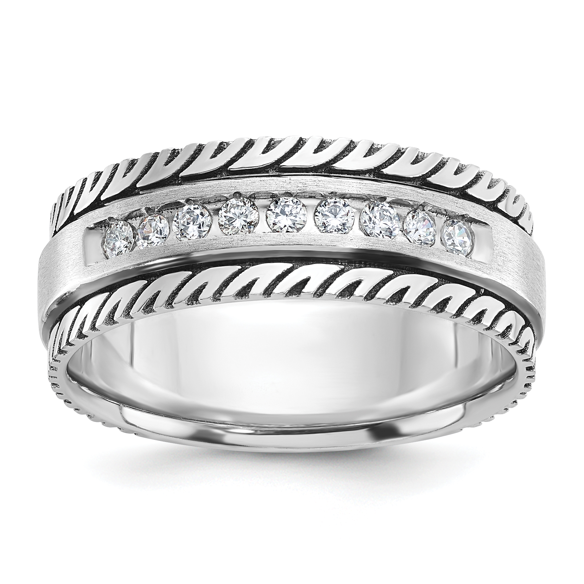 IBGoodman 14k White Gold with Black Rhodium Men's Polished Satin and Grooved 1/5 Carat AA Quality Diamond Ring (B84345-4WAA)