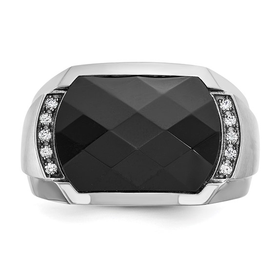 IBGoodman 14k White Gold Men's Polished and Satin Faceted Onyx and 1/10 Carat AA Quality Diamond Ring