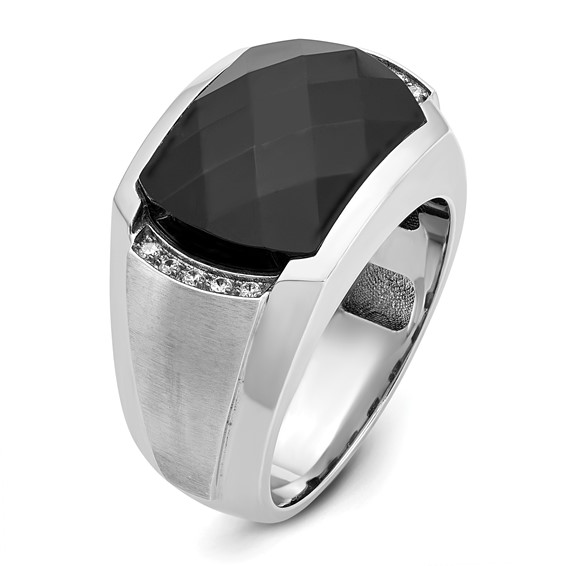 IBGoodman 14k White Gold Men's Polished and Satin Faceted Onyx and 1/10 Carat AA Quality Diamond Ring