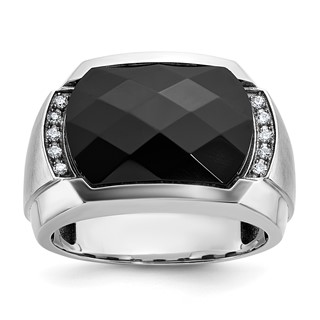 IBGoodman 14k White Gold Men's Polished and Satin Faceted Onyx and 1/10 Carat AA Quality Diamond Ring