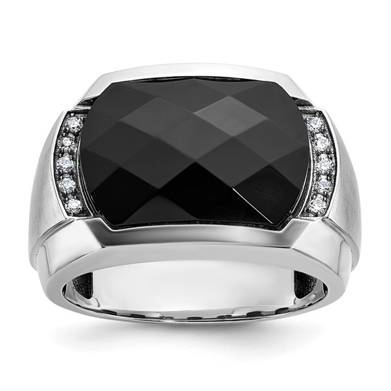 IBGoodman 14k White Gold Men's Polished and Satin Faceted Onyx and 1/10 Carat AA Quality Diamond Ring