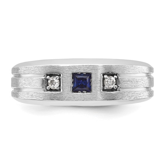 14k White Gold IBGoodman Men's Satin Lab Created Sapphire and 1/15 carat Diamond Complete Ring