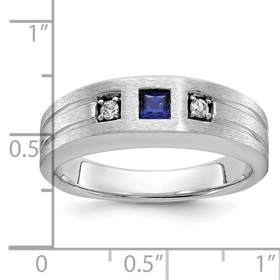 14k White Gold IBGoodman Men's Satin Lab Created Sapphire and 1/15 carat Diamond Complete Ring