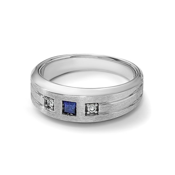 14k White Gold IBGoodman Men's Satin Lab Created Sapphire and 1/15 carat Diamond Complete Ring