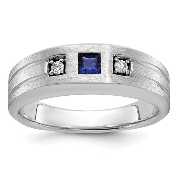 14k White Gold IBGoodman Men's Satin Lab Created Sapphire and 1/15 carat Diamond Complete Ring