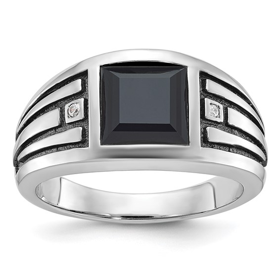 IB Goodman 14k White Gold with Black Rhodium Mens Square Onyx and Diamond Complete Ring