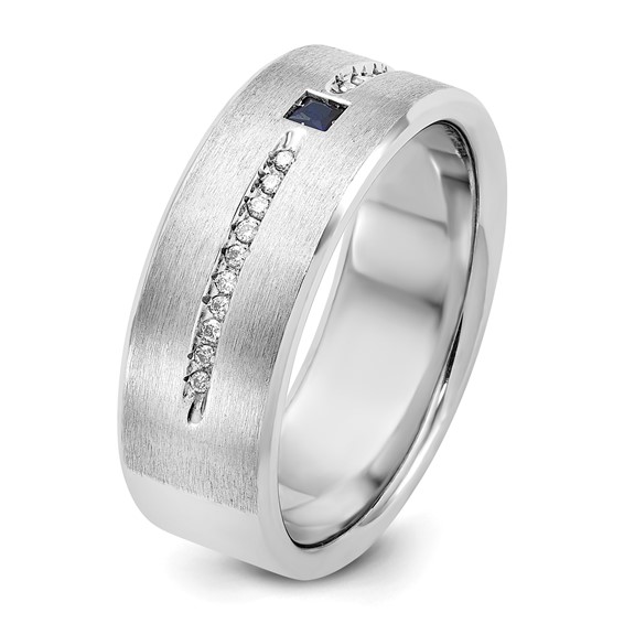 IB Goodman 14k White Gold Mens Satin Lab Created Sapphire and 1/8 carat Diamond Complete Ring
