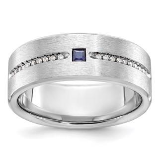 IB Goodman 14k White Gold Mens Satin Lab Created Sapphire and 1/8 carat Diamond Complete Ring