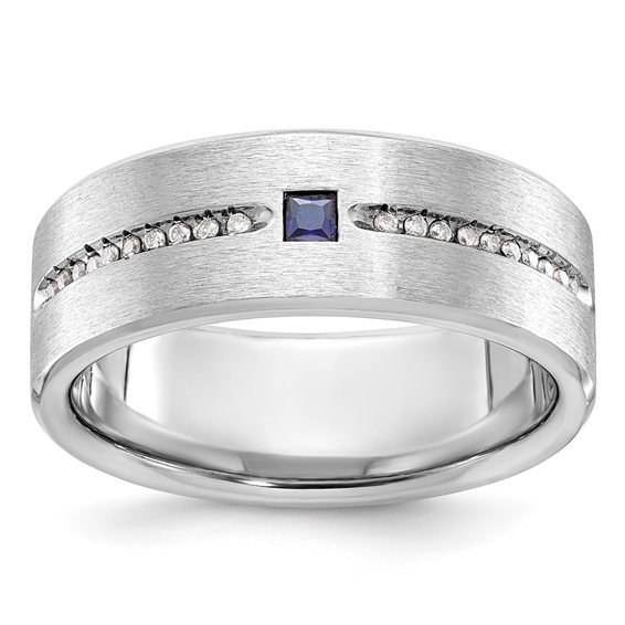 IB Goodman 14k White Gold Mens Satin Lab Created Sapphire and 1/8 carat Diamond Complete Ring