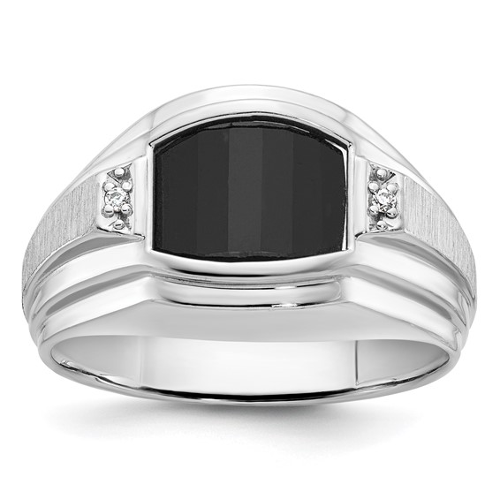 IB Goodman 14k White Gold Mens Satin Barrel Onyx and Diamond Complete Ring