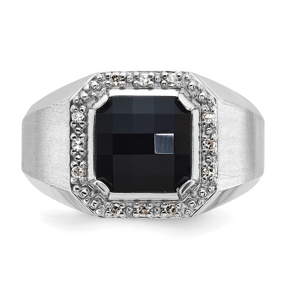 IB Goodman 14k White Gold Mens Cushion Onyx and 1/8 carat Diamond Complete Ring
