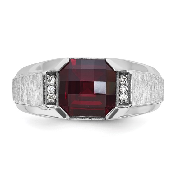 IB Goodman 14k White Gold Mens Cushion Lab Created Garnet and 1/20 carat Diamond Complete Ring