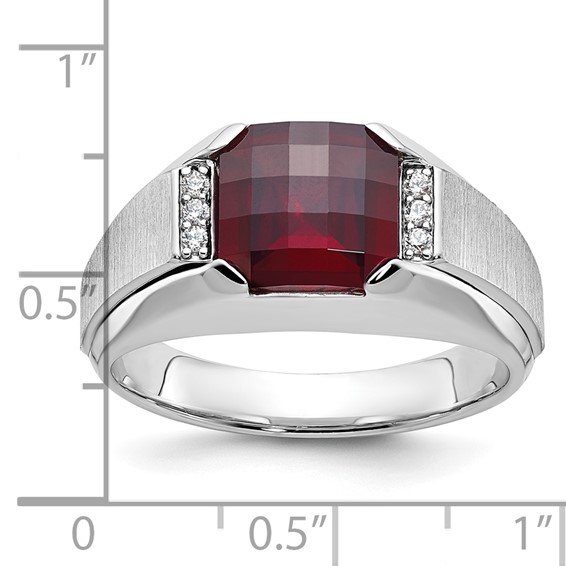 IB Goodman 14k White Gold Mens Cushion Lab Created Garnet and 1/20 carat Diamond Complete Ring