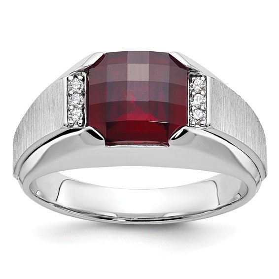 IB Goodman 14k White Gold Mens Cushion Lab Created Garnet and 1/20 carat Diamond Complete Ring