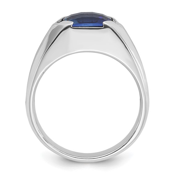 IB Goodman 14k White Gold Mens Cushion Lab Created Sapphire and 1/20 carat Diamond Complete Ring