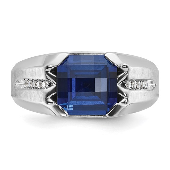 IB Goodman 14k White Gold Mens Cushion Lab Created Sapphire and 1/20 carat Diamond Complete Ring
