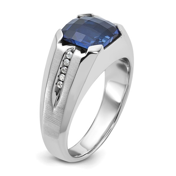 IB Goodman 14k White Gold Mens Cushion Lab Created Sapphire and 1/20 carat Diamond Complete Ring