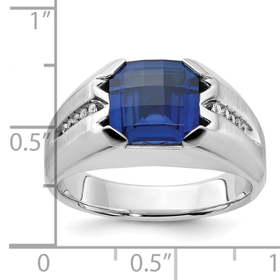 IB Goodman 14k White Gold Mens Cushion Lab Created Sapphire and 1/20 carat Diamond Complete Ring
