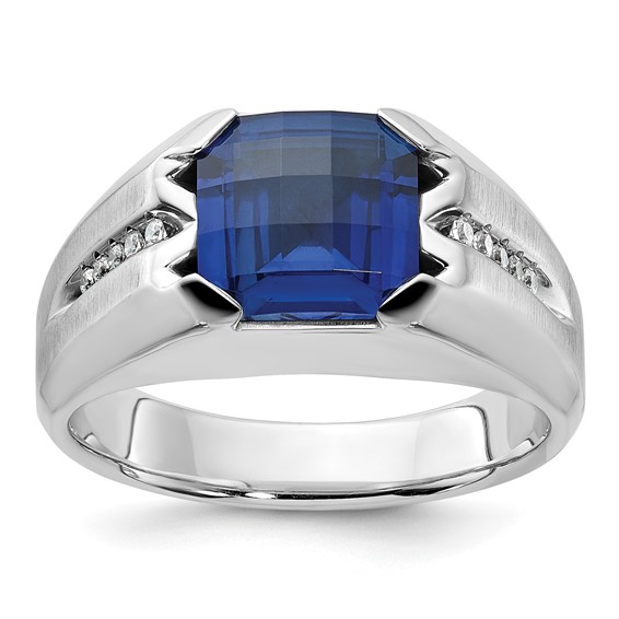IB Goodman 14k White Gold Mens Cushion Lab Created Sapphire and 1/20 carat Diamond Complete Ring