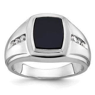 IB Goodman 14k White Gold Mens Cushion Onyx and 1/8 carat Diamond Complete Ring