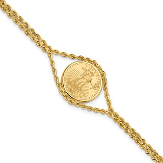 Wideband Distinguished Coin Jewelry 14k Polished Double Rope Mounted 1/10oz American Eagle Prong Set Coin Bezel Bracelet