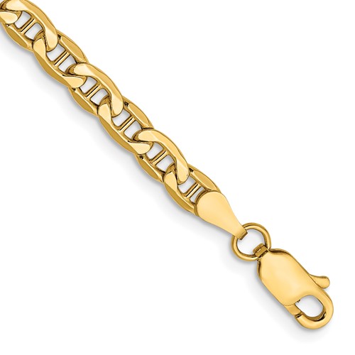 14K 4mm Yellow Gold Semi-Solid Anchor Bracelet with Lobster Clasp, 7"