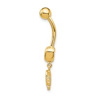 14K Yellow Gold 14 Gauge CZ 2-Hearts Dangle Belly Ring view 2