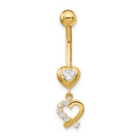 14K Yellow Gold 14 Gauge CZ 2-Hearts Dangle Belly Ring view 3