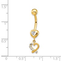 14K Yellow Gold 14 Gauge CZ 2-Hearts Dangle Belly Ring view 4