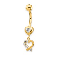 14K Yellow Gold 14 Gauge CZ 2-Hearts Dangle Belly Ring view 1
