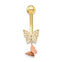 14K Two-tone 14 Gauge Double CZ Butterfly Dangle Belly Ring view 3