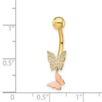 14K Two-tone 14 Gauge Double CZ Butterfly Dangle Belly Ring view 4
