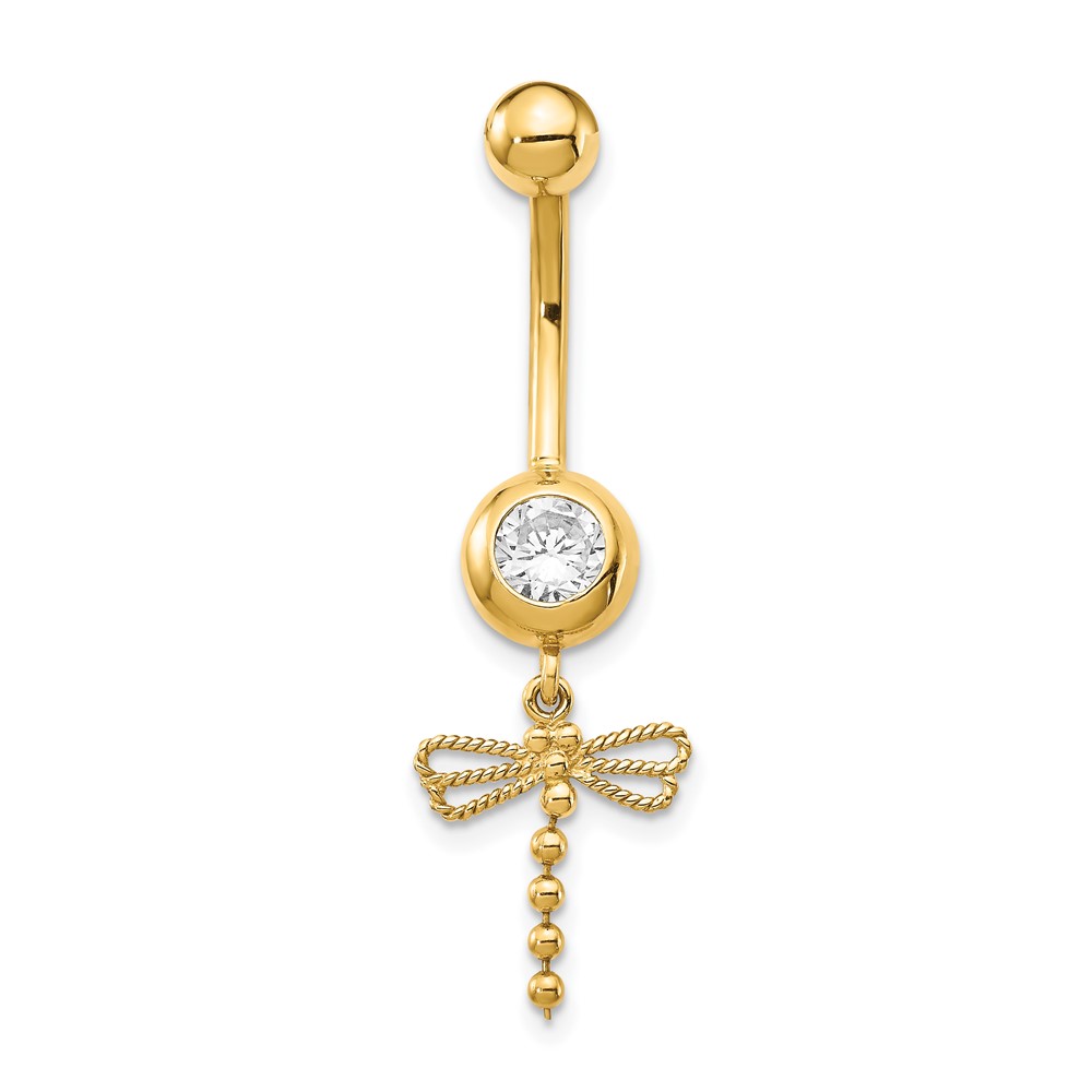 14k 14 Gauge CZ Dragonfly Dangle Belly Ring (BD141)