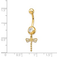 14K Yellow Gold 14 Gauge CZ Dragonfly Dangle Belly Ring view 3