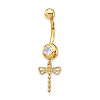 14K Yellow Gold 14 Gauge CZ Dragonfly Dangle Belly Ring view 1