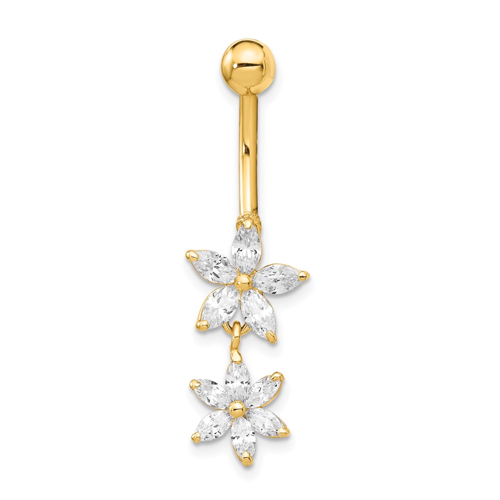 14k 14 Gauge CZ 2-Flower Dangle Belly Ring (BD143)