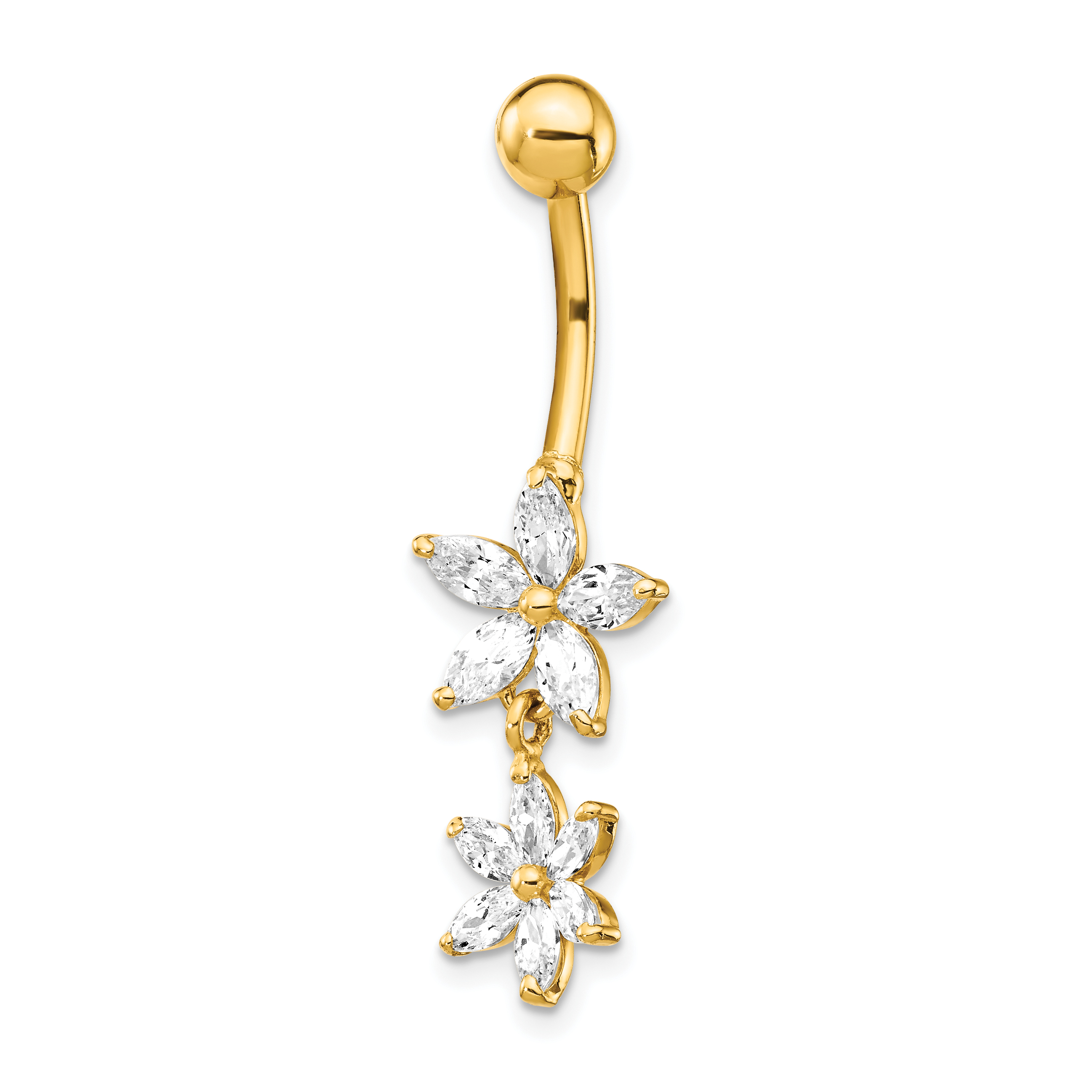 14k 14 Gauge CZ 2-Flower Dangle Belly Ring (BD143)