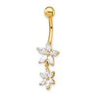 14K 14 Gauge CZ 2-Flower Dangle Belly Ring view 1